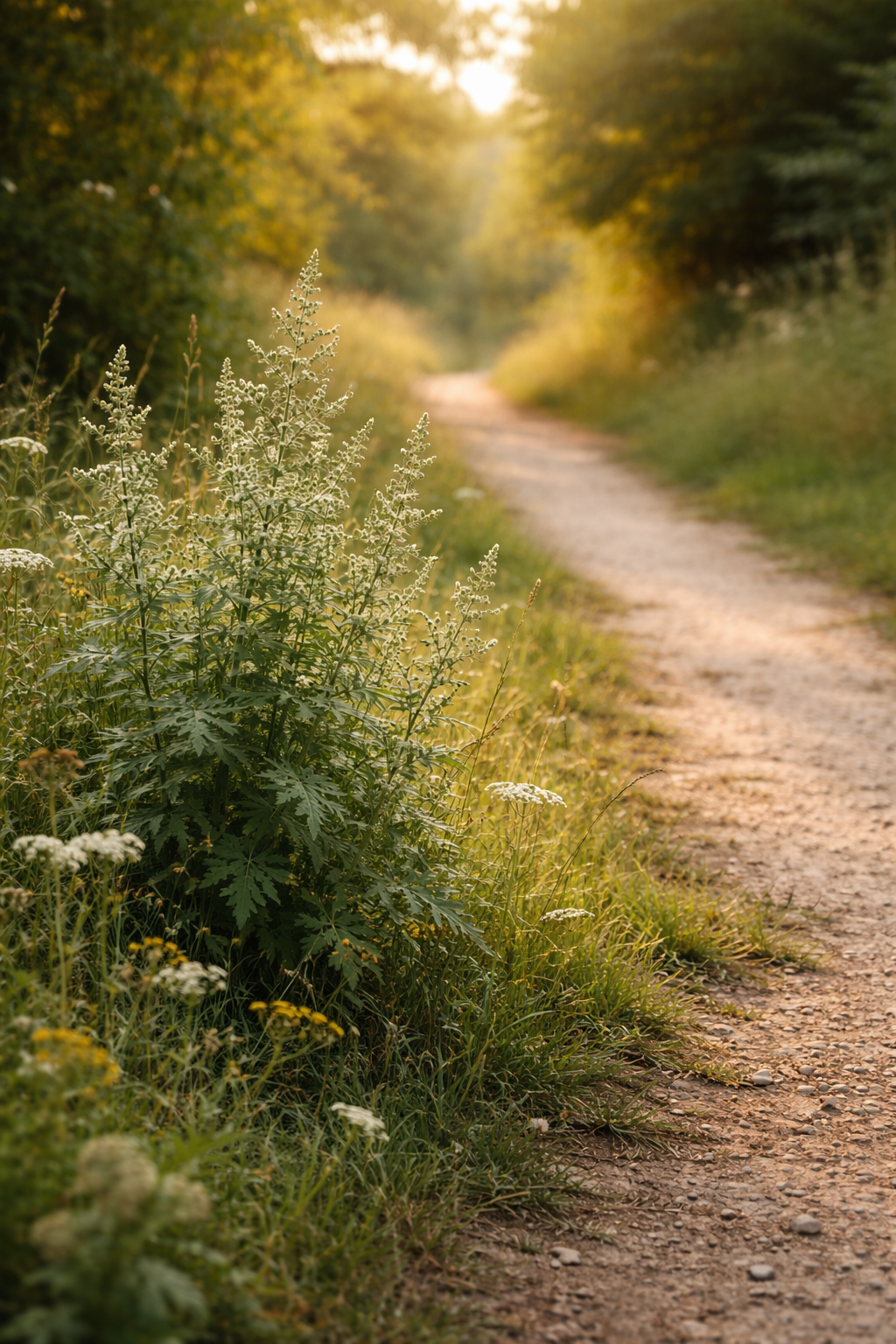 Photographie d'armoise sauvage poussant au bord d'un chemin, lumière douce du soir