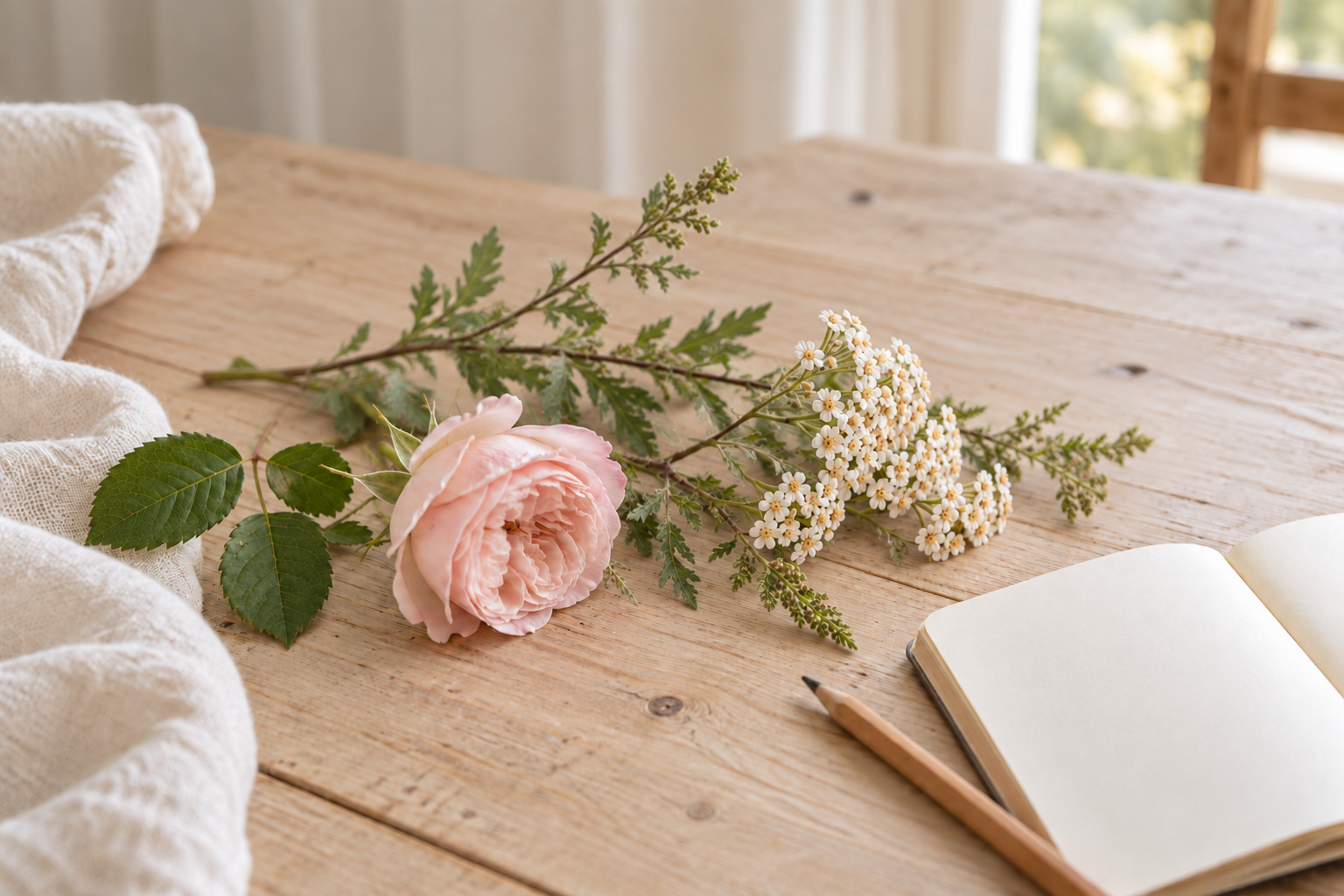 Une rose, de petites fleurs blanches et quelques brins de plantes près d’un carnet ouvert.